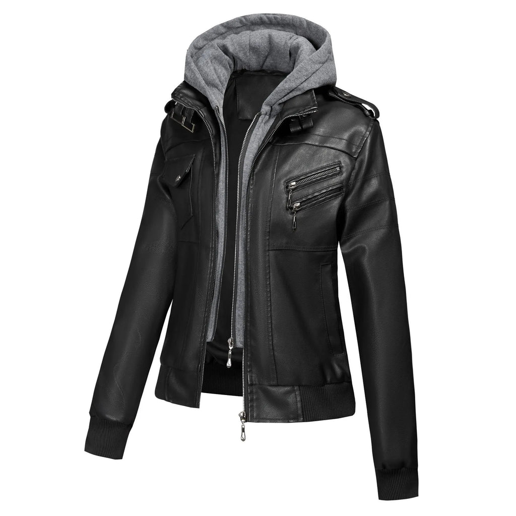 Women's faux leather motorcycle jacket in black, loose fit, sizes S to XXL, with pocket and no fur collar