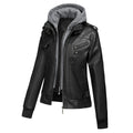 Women's faux leather motorcycle jacket in black, loose fit, sizes S to XXL, with pocket and no fur collar