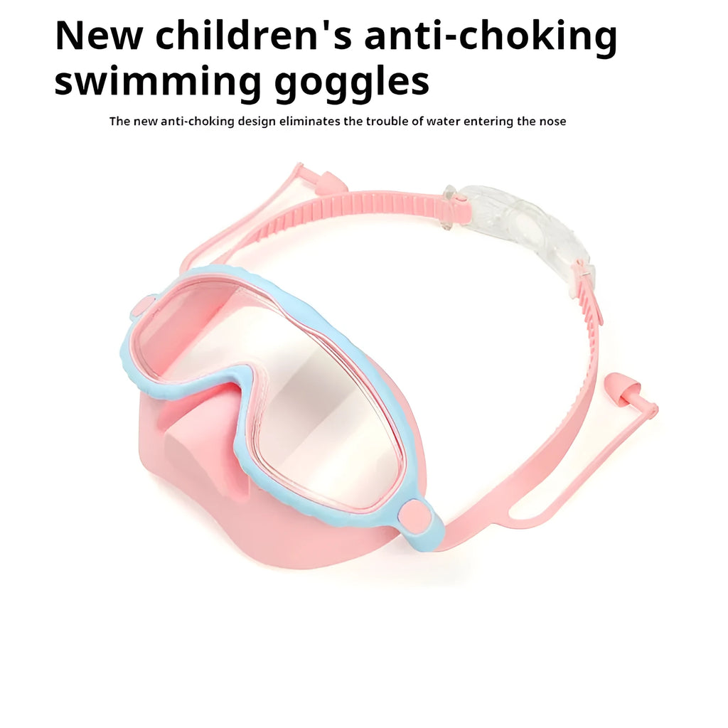 Children's anti-choke swimming goggles with HD anti-fog lens, large frame, blue pink colour
