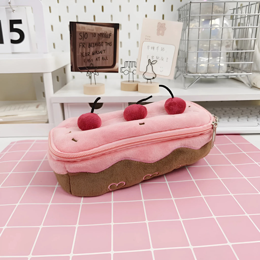 Cherry cake plush velvet pencil bag in Korean style with pastel colours