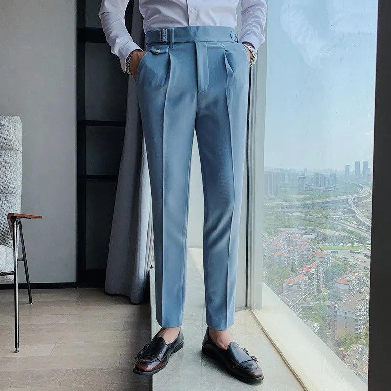 Men's straight-leg casual trousers in solid colours showing straight silhouette and polyester fabric texture