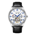 Men's business hollow mechanical watch with sapphire crystal glass and transparent case back on leather strap