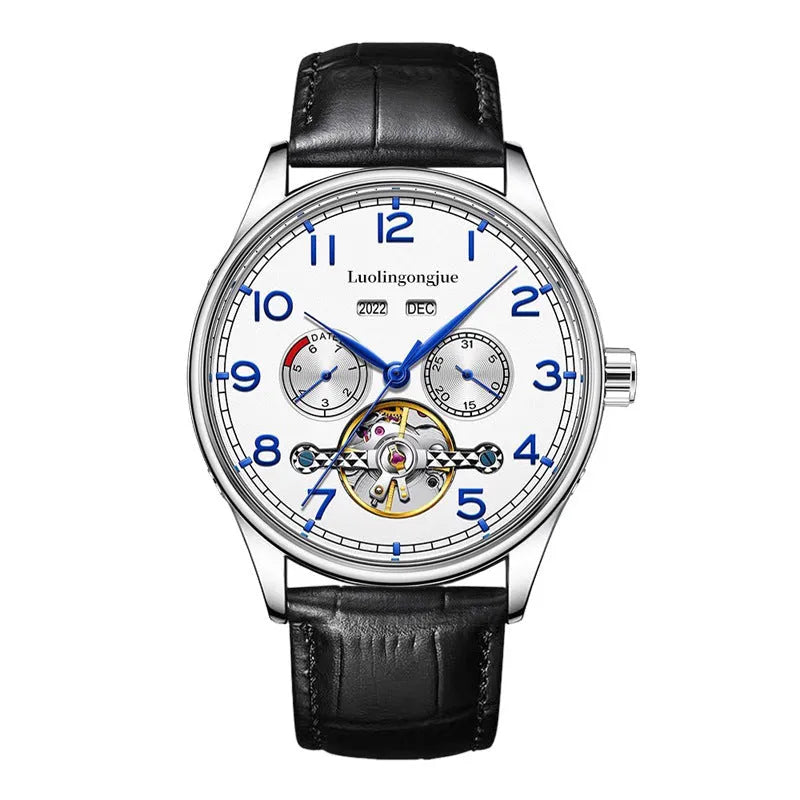 Men's business hollow mechanical watch with sapphire crystal glass and transparent case back on leather strap