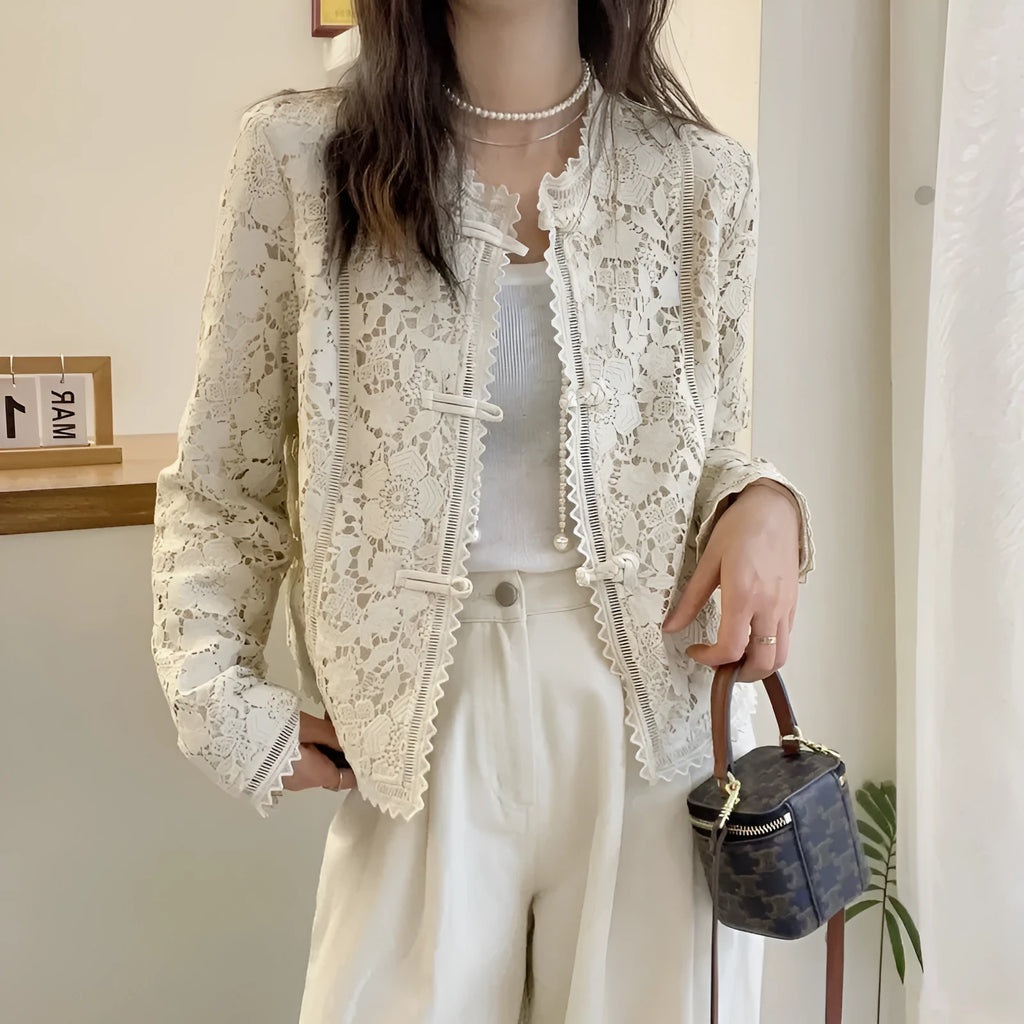 Women's apricot Chinese lace crocheted short coat with long sleeves and slim fit, sizes M to 3XL