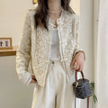 Women's apricot Chinese lace crocheted short coat with long sleeves and slim fit, sizes M to 3XL