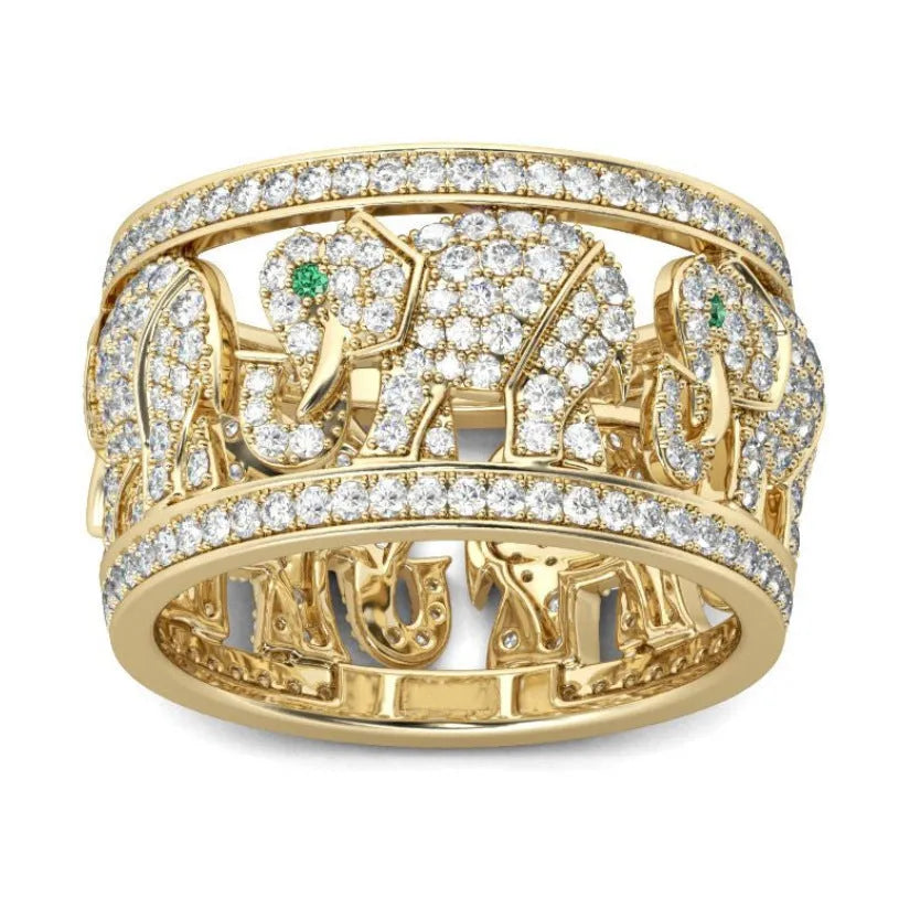 Close-up of an elephant design ring with sparkling diamond accents on an electroplated alloy band.