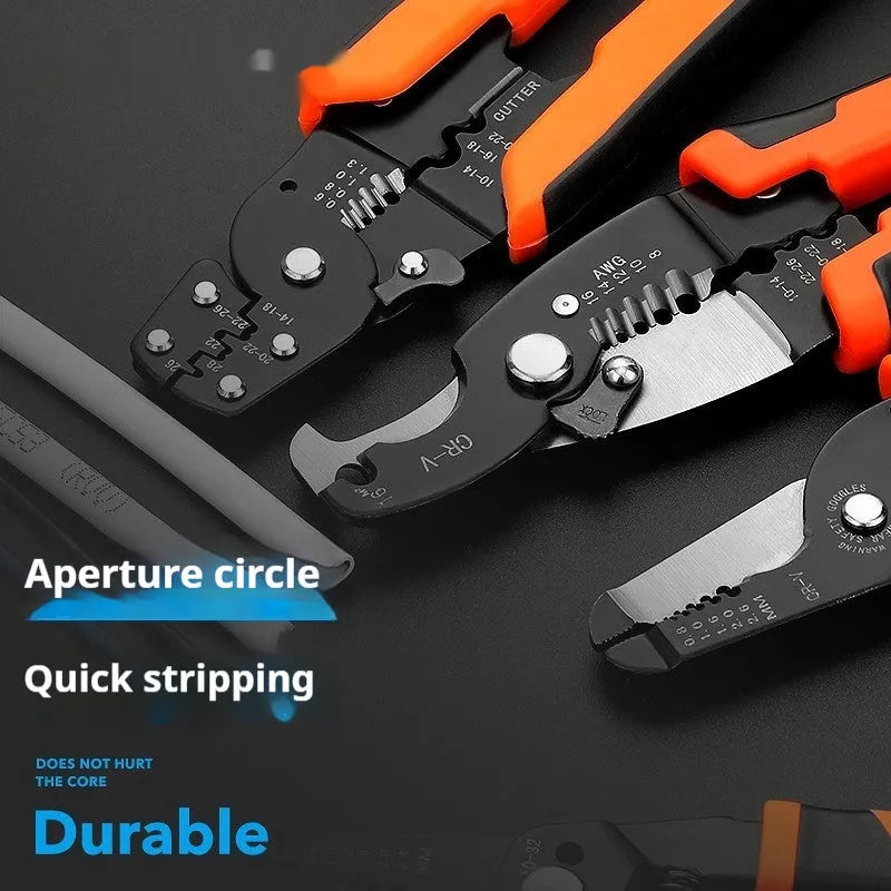 Fully automatic wire stripping pliers tool with high carbon steel blades, mounted in a storage box.