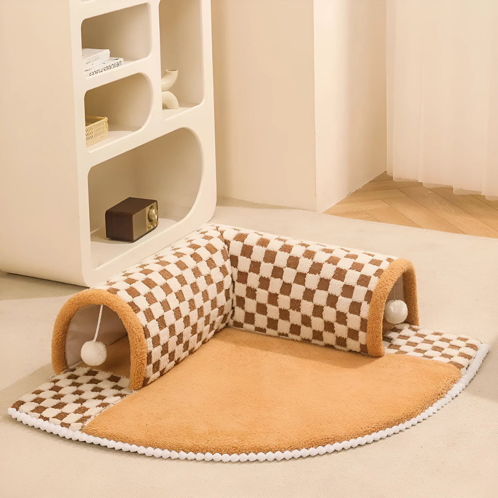Fan-shaped plush pet bed with integrated tunnel in yellow, showing soft fabric and anti-slip base.
