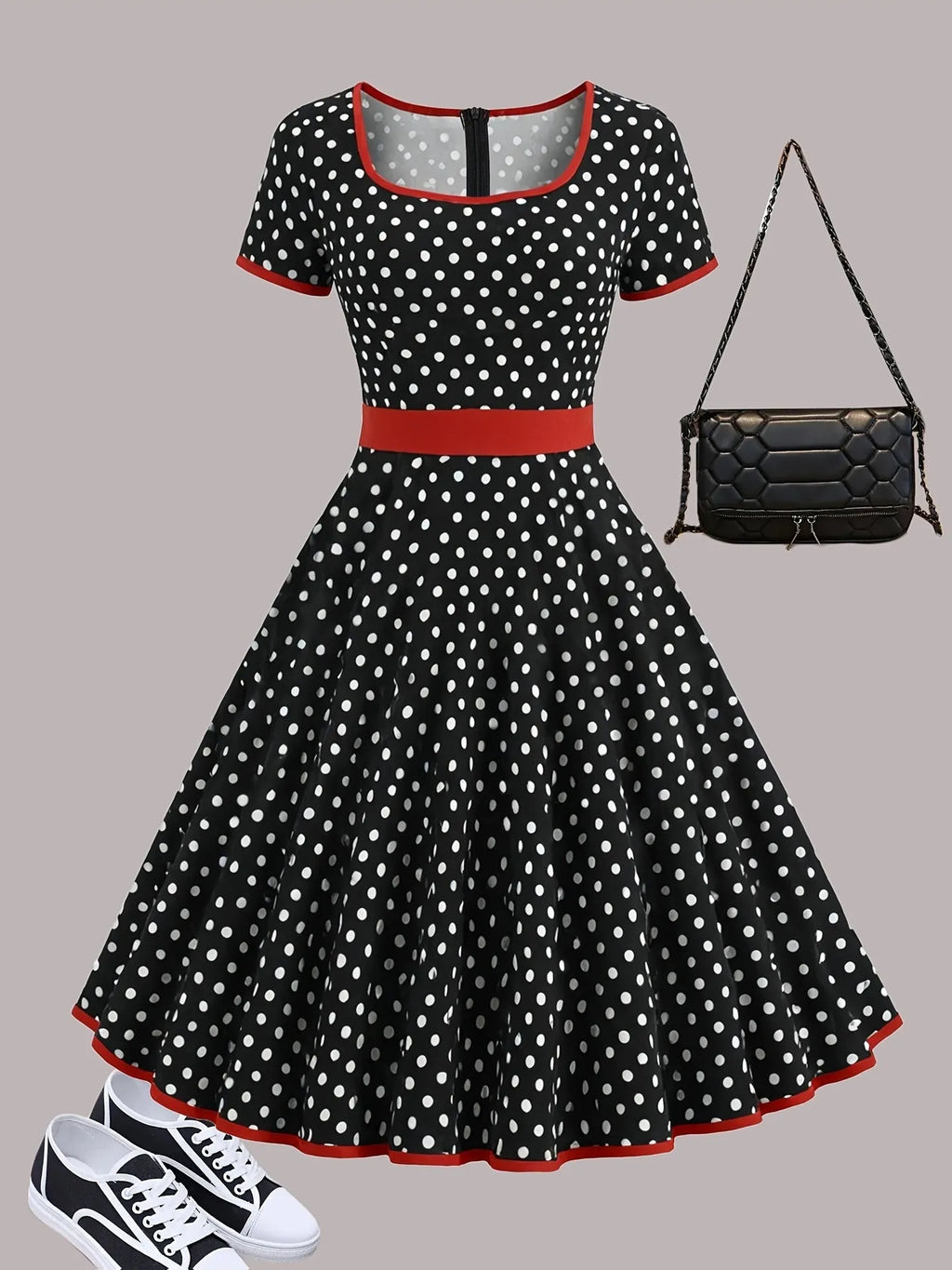 Women's polka dot pleated dress with square collar and front zipper in multicolour pattern