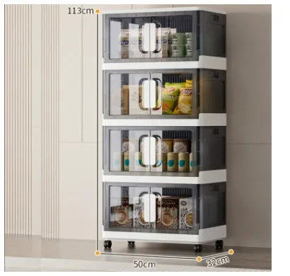 A foldable white storage locker on wheels with multiple shelves, closed doors, for household shoe and toy storage.