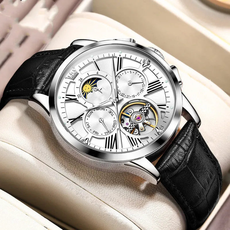 Men's automatic mechanical watch with 40.5mm case, genuine leather strap, stainless steel buckle, brown or black options