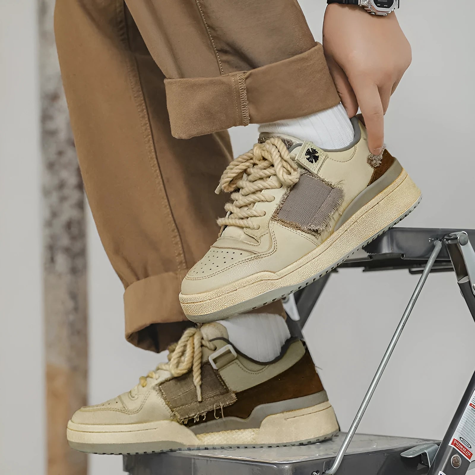 Beige low-top men's skateboard sneakers with a round toe and front lace-up on a rubber sole.