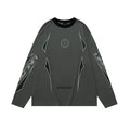 Men's grey khaki cotton drop shoulder long sleeve pullover with round neck and letter pattern