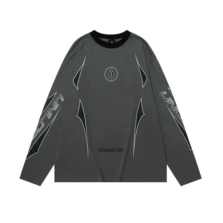 Men's grey khaki cotton drop shoulder long sleeve pullover with round neck and letter pattern