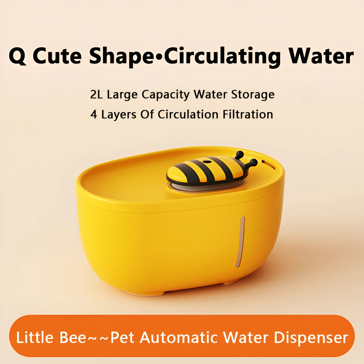 Yellow automatic cat water fountain with filtration system and USB power connection
