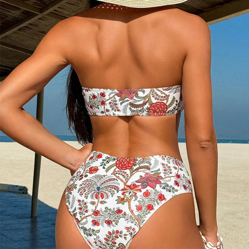 Women's printed bandeau swimsuit two-piece set with matching shorts on a white background.