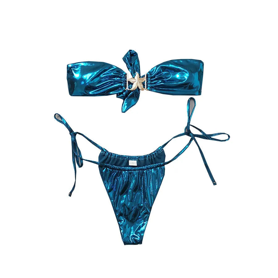 Women's glossy tube top bikini with gold starfish pattern in sapphire blue and pink quick dry swimwear
