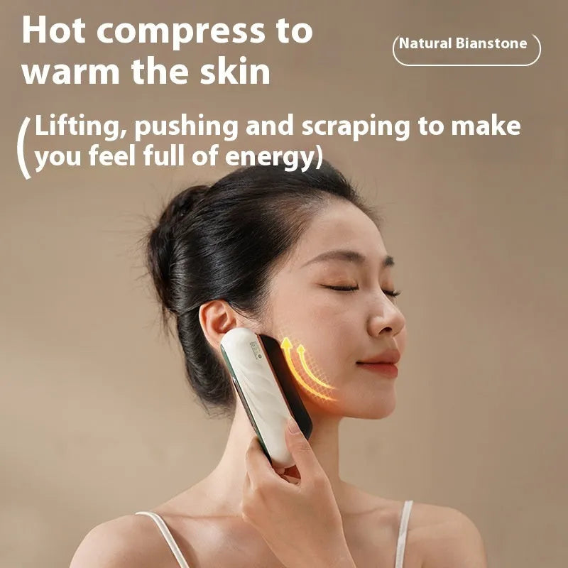 Electric scraping plate massager in gold brass or stone-effect finish with USB charging port