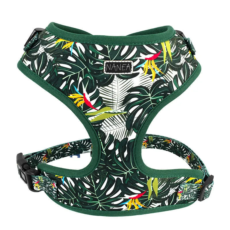 Adjustable cloth vest dog harness set with leash, collar, waste bag, bow tie, and bib in multiple colours