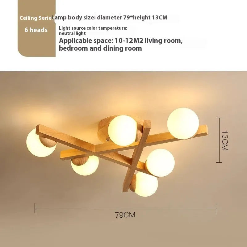 Nordic wooden style ceiling lamp with three light heads for living room modern design
