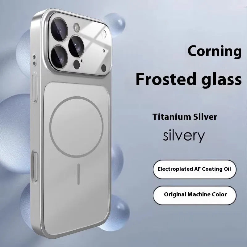 Frosted tempered glass phone case with magnetic suction for iPhone, shown in orange colour.