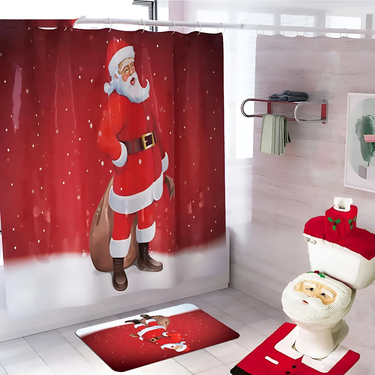 Christmas bathroom set with Santa toilet cover, shower curtain and floor mat in flannel fabric