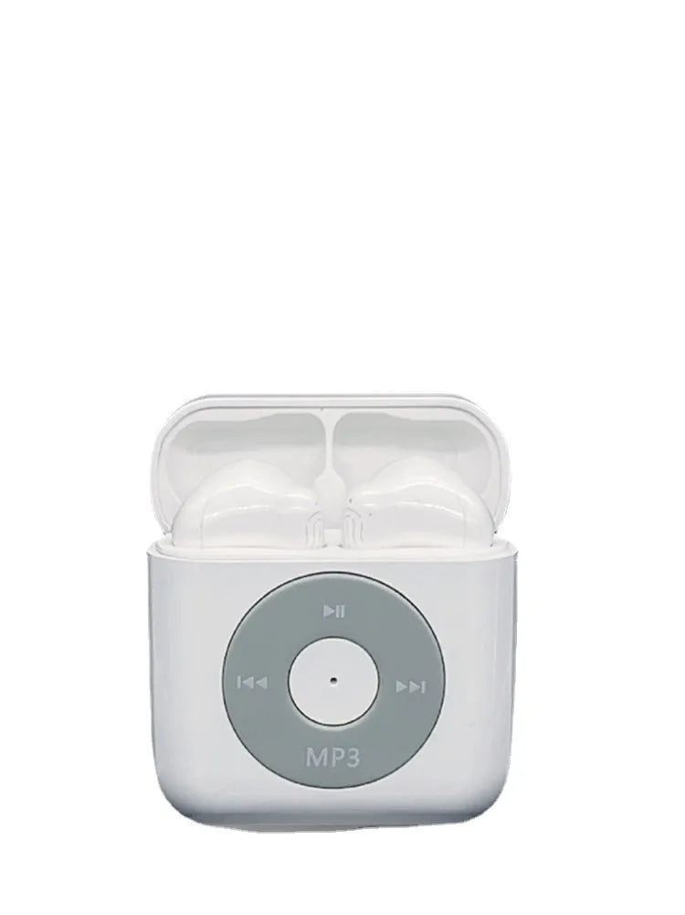 White wireless Bluetooth earphones with semi-in-ear design and a matching charging case on a white background.