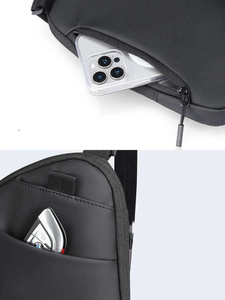 Elegant black men's lightweight crossbody bag made from Oxford cloth with sewing thread detail.
