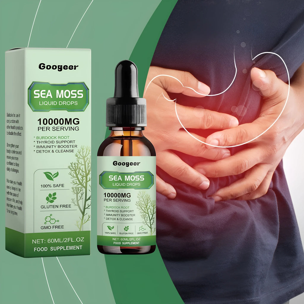 Sea moss liquid drops body treatment bottle measuring 3.3cm by 3.3cm by 12cm containing 60ml of formula