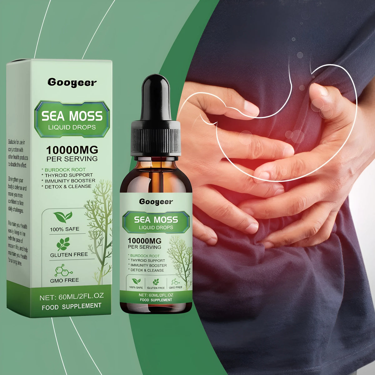 Sea moss liquid drops body treatment bottle measuring 3.3cm by 3.3cm by 12cm containing 60ml of formula