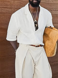 Men's white linen casual short-sleeved shirt, regular fit, plain design, sizes XS to 2XL.