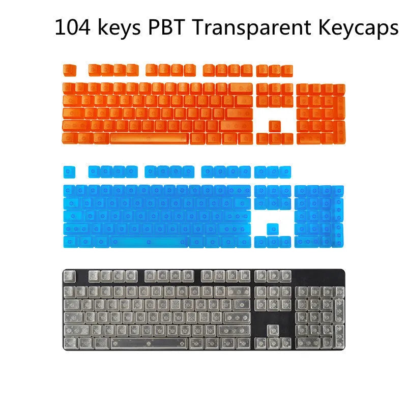 104 transparent PBT keycaps in OEM profile, unengraved, shown in orange, white, blue or black