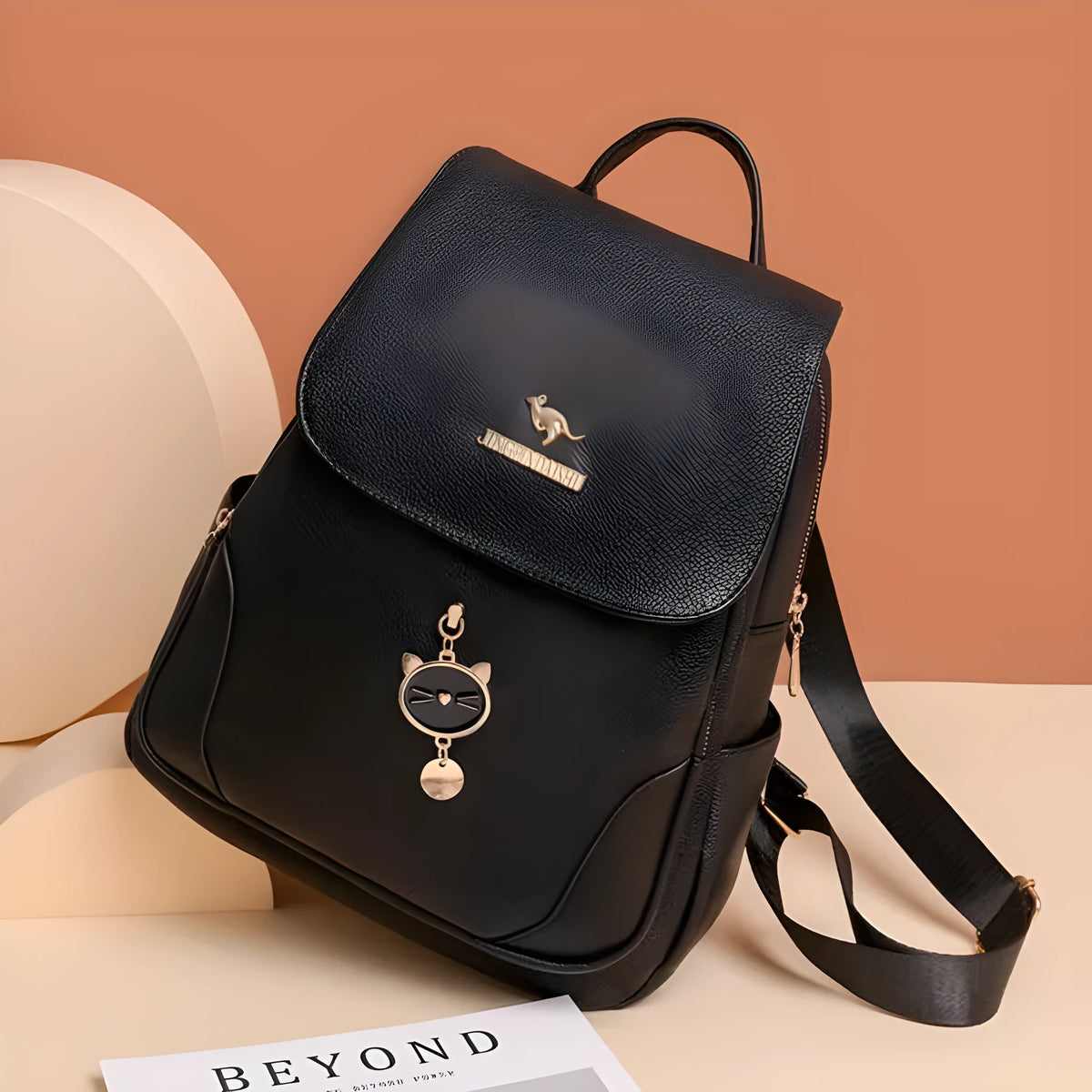 Casual women's backpack in soft PU leather with textured detailing and three-dimensional pockets