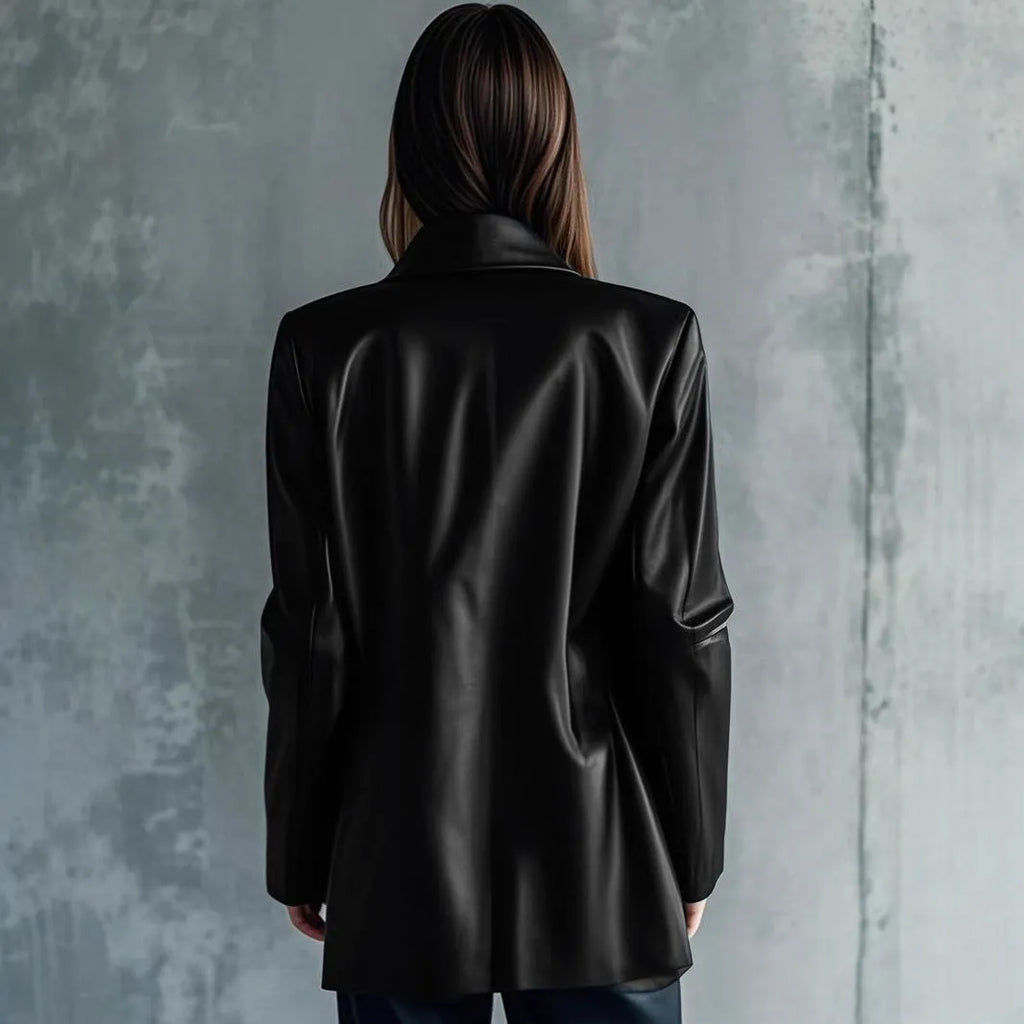 Women's black polyester leather jacket with medium length cut and long sleeves
