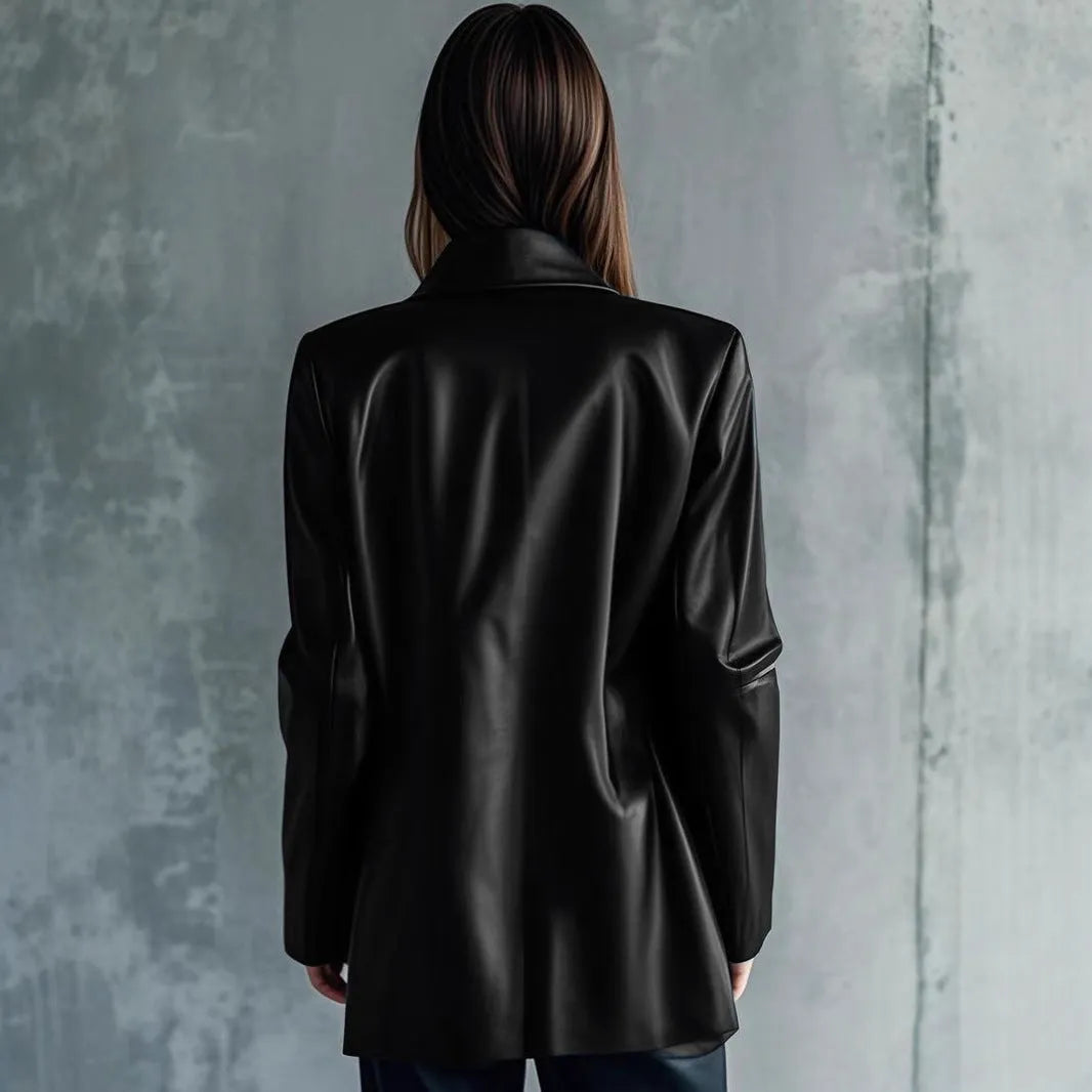 Women's black polyester leather jacket with medium length cut and long sleeves