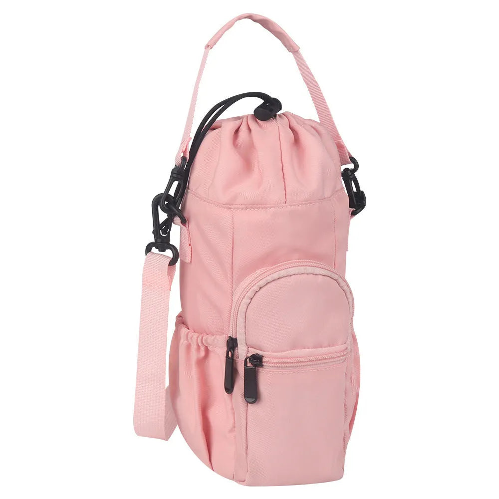 Cloth water bottle crossbody shoulder bag in black, green or pink colours with adjustable strap