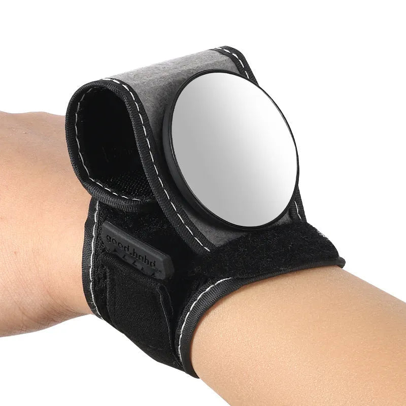 Black nylon bicycle rear-view mirror showing wrist and handlebar mounting options