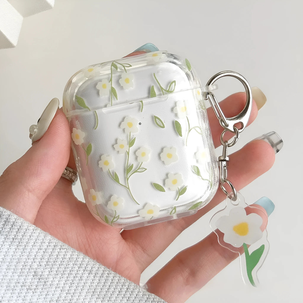 White floral pattern on a transparent TPU protective case for Apple AirPods