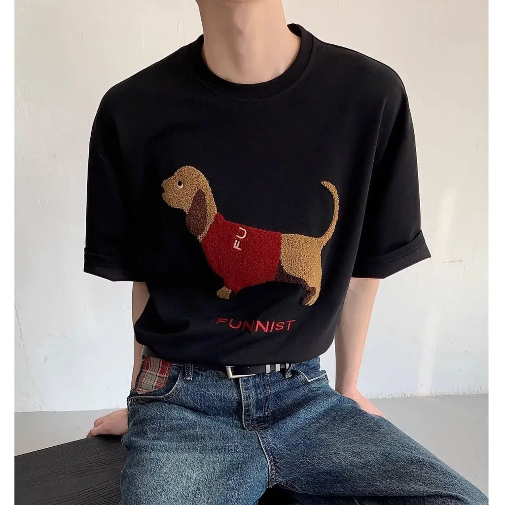 Men's grey cotton T-shirt with embroidered sausage dog design on front, short sleeves and round neck