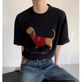 Men's grey cotton T-shirt with embroidered sausage dog design on front, short sleeves and round neck