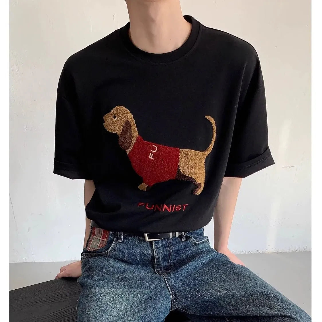 Men's grey cotton T-shirt with embroidered sausage dog design on front, short sleeves and round neck
