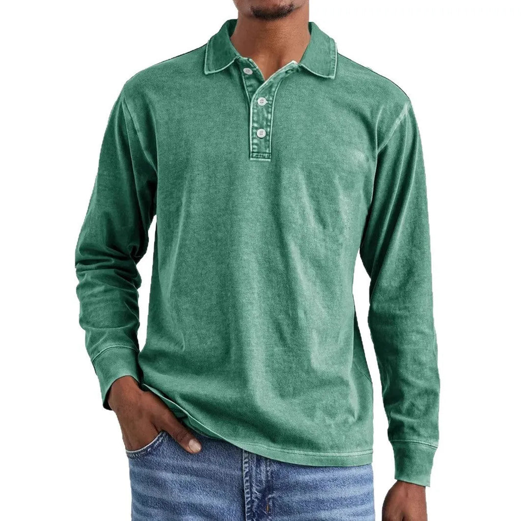 Men's retro washed distressed cotton long sleeve polo shirt with a pointed lapel collar