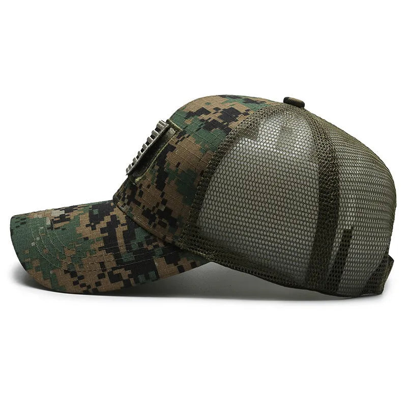 Tactical baseball cap with adjustable velcro strap in a camouflage or digital grid pattern.