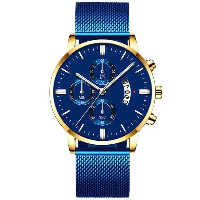 Men's stainless steel mesh band quartz watch with analog display in a selected colour combination.