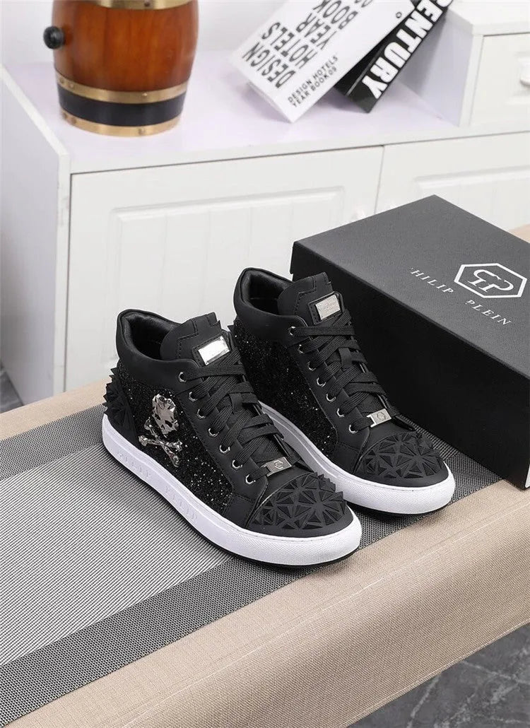 Men's black genuine leather high-top skeleton shoes with lace-up closure and rubber sole
