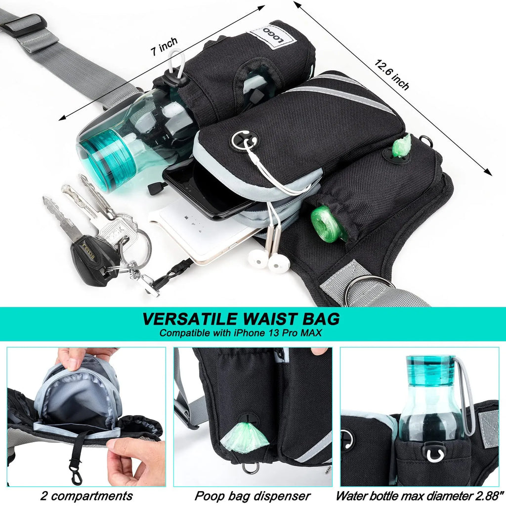 Black nylon outdoor dog walking set with waist bag, leash and collar for waterproof pet training