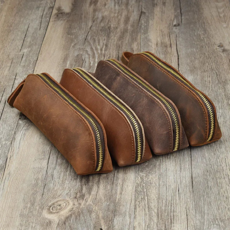 Handmade cowhide leather pencil and glasses case with zipper closure in square design