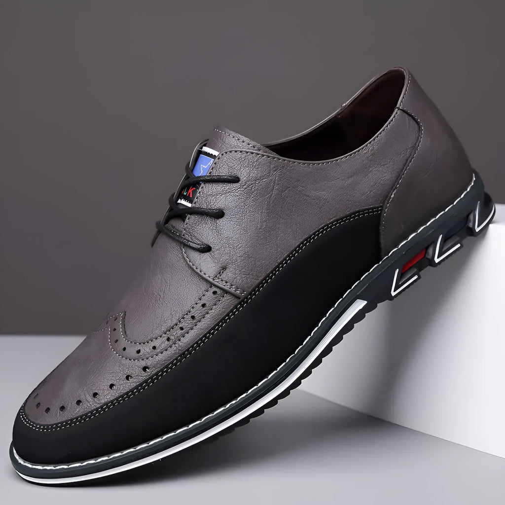 Men's low-top casual leather shoe in multiple colours with rubber sole and sewing line detail.