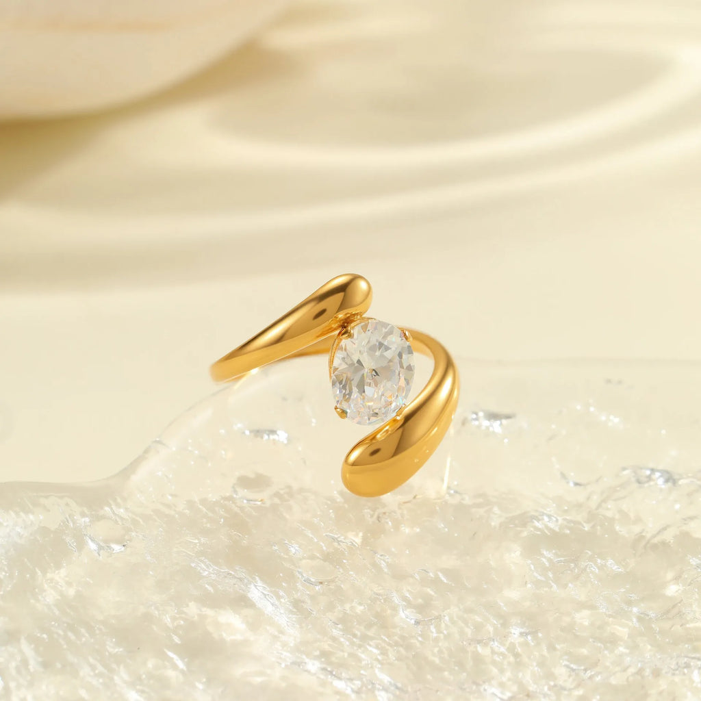 Geometric open-mouth adjustable zircon ring for women in stainless steel.