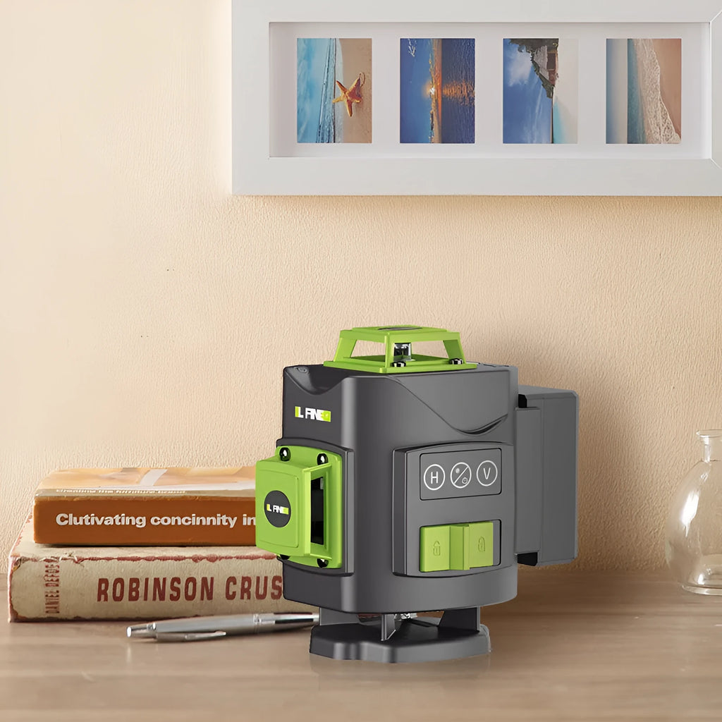 Green 16-line 3D self-levelling laser level tool on a work surface.